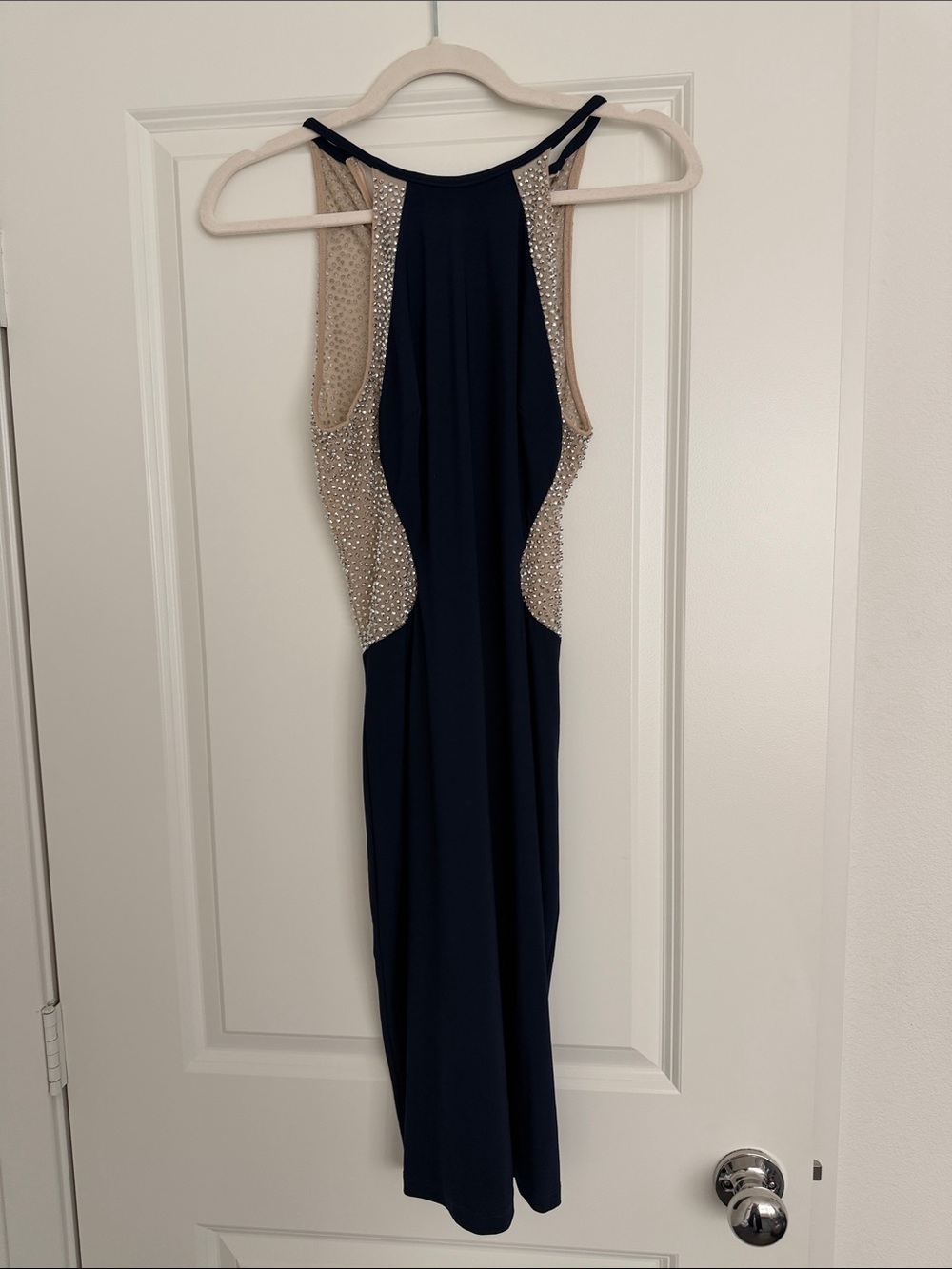 Xscape Navy Backless Evening Dress with Nude-Beaded Panels